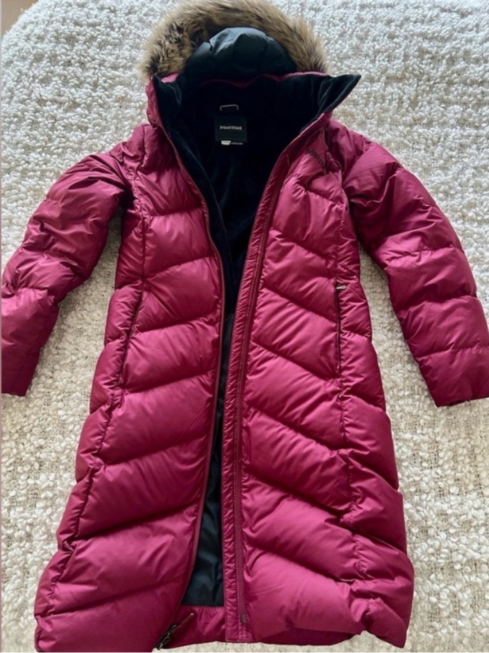 Marmot Burgundy Long Puffer Coat with Faux Fur Hood